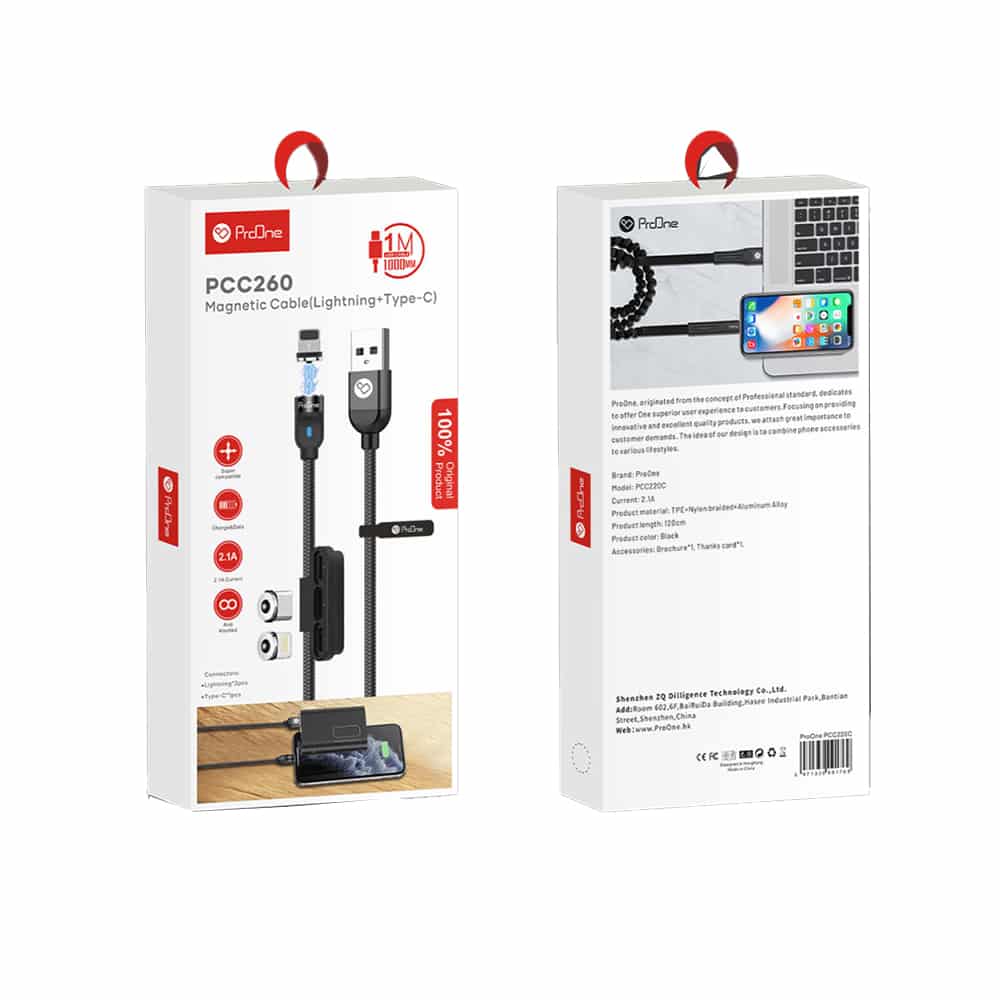 کابل تبدیل مغناطیسی USB به USB-C و لایتنینگ پرووان مدل PCC260 طول 1 متر - 