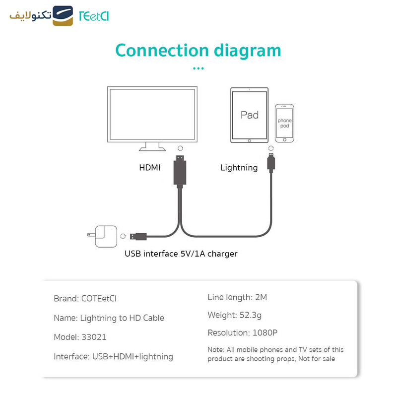 کابل تبدیل HDMI به لایتنینگ و یو اس بی کوتتسی مدل 33021 طول 2 متر - Coteetci 33021 HDMI to Lightning USB converter 2.0m