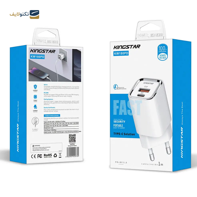 شارژر دیواری کینگ استار مدل KW180PD توان 30 وات به همراه کابل تایپ سی - KingStar KW180PD Wall Charger