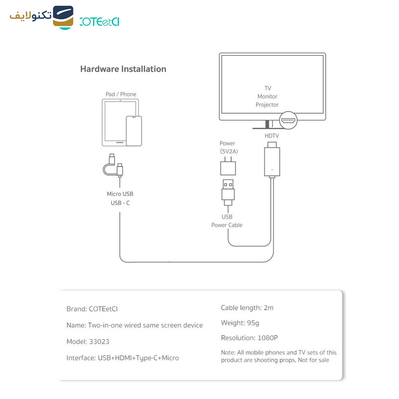 کابل تبدیل HDMI به تایپ سی و میکرو یو اس بی کوتتسی مدل 33023 طول 2 متر - Coteetci 33023 HDMI to Type-c & micro USB converter 2.0m