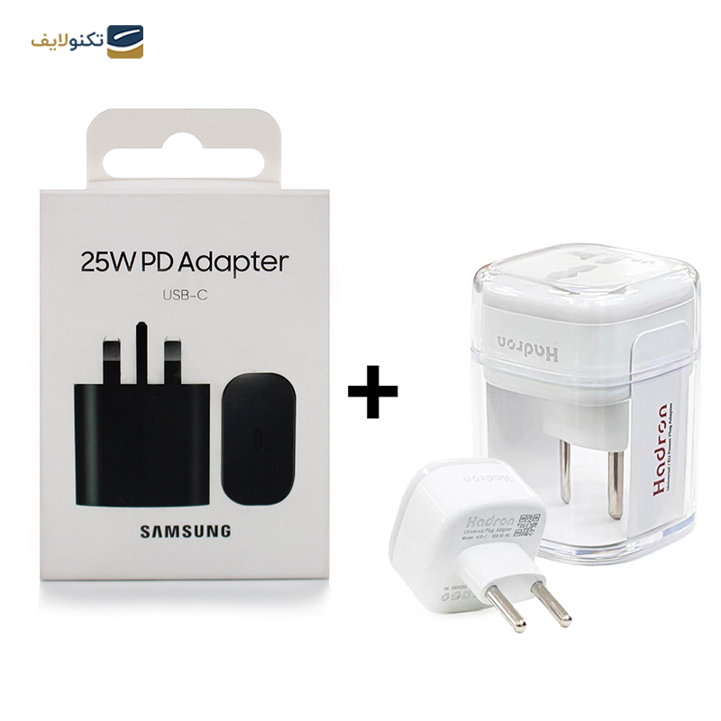 شارژر دیواری سامسونگ 25 وات مدل EP-TA800 به همراه تبدیل 3 به 2 هادرون مدل A10-1 چراغدار - Samsung EP-TA800 3 Pin Charger 25 Watt with Hadron Adapter Plug