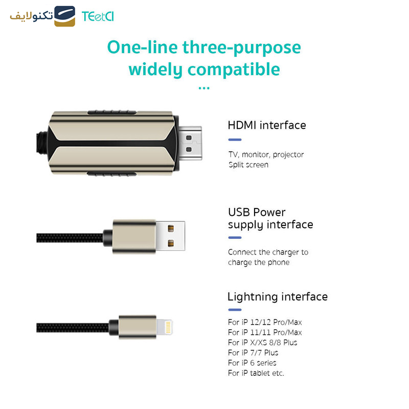 کابل تبدیل HDMI به لایتنینگ-یو اس بی کوتتسی مدل 33022 طول 2 متر - Coteetci 33022 HDMI to Lightning USB converter 2.0m