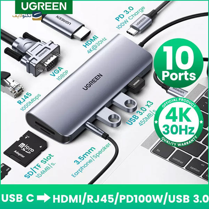 هاب USB-C یوگرین 10 پورت مدل 80133 - UGREEN CM179-80133 10 Port USB-C Hub