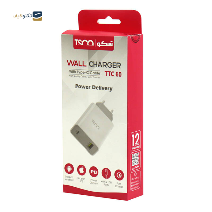  شارژر دیواری تسکو مدل TTC 60 - توان 27 وات - TSCO TTC 60 3A QC3.0 PD 27W Type-C Travel Adapter With Type-C To Type-C Cable