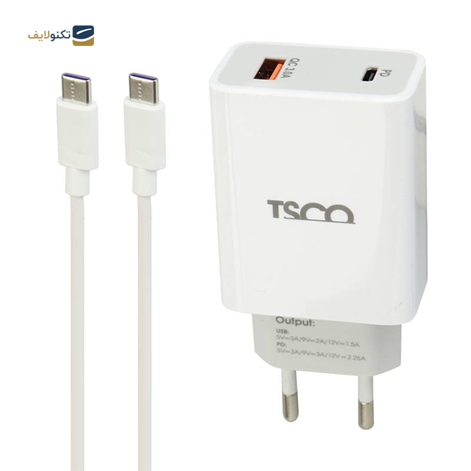  شارژر دیواری تسکو مدل TTC 60 - توان 27 وات - TSCO TTC 60 3A QC3.0 PD 27W Type-C Travel Adapter With Type-C To Type-C Cable