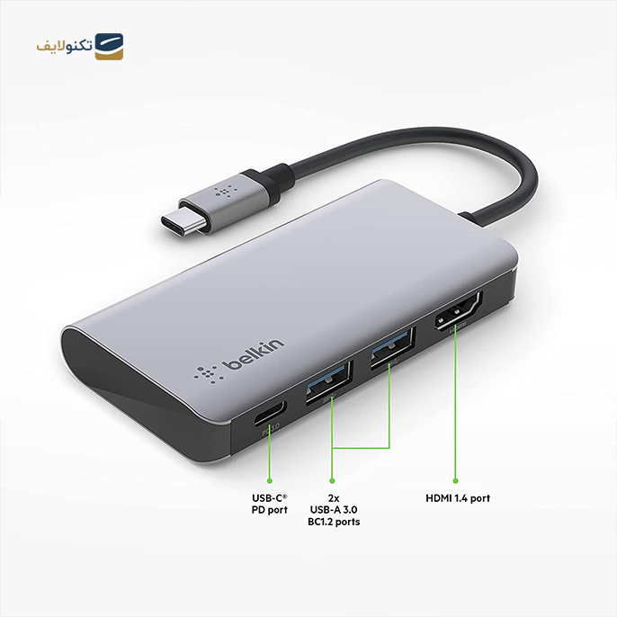 هاب USB-C بلکین 4 پورت مدل AVC006btSGY  - Belkin USB C Hub, 4-in-1 MultiPort Adapter