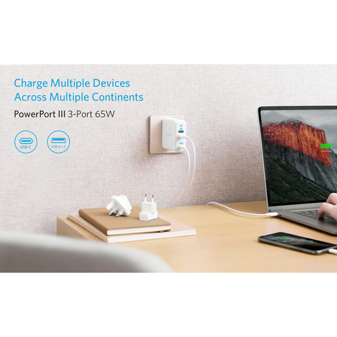 شارژر دیواری انکر 65 وات مدل POWERPORT III 3PORT 65W A2033H21 - Anker POWERPORT III 3PORT 65W A2033H21 Wall Charger