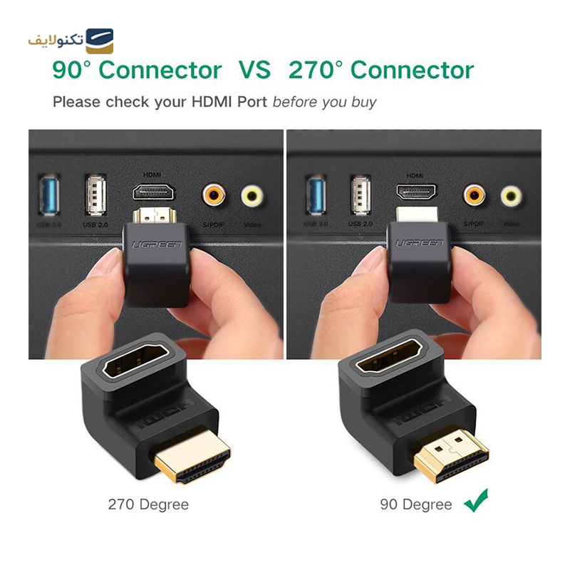 تبدیل HDMI نری به مادگی یوگرین مدل 20109 زاویه 90 درجه - UGREEN 20109 HDMI Male To Female Angled Adapter--Up