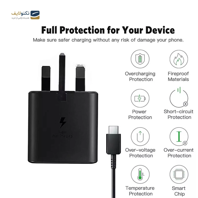 شارژر دیواری سامسونگ 25 وات مدل EP-TA800 سه شاخه اروپا به همراه کابل دو سر تایپ سی - Samsung EP-TA800 25W Charger With Type-C Cable
