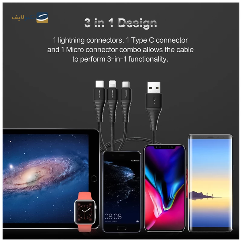 کابل تایپ سی - لایتنینگ - میکرو یو اس بی راک مدل RCB0560 طول 1.2 متر - Rock RCB0560 USB to Lightning-USB-C-MicroUSB Cable 1.2m