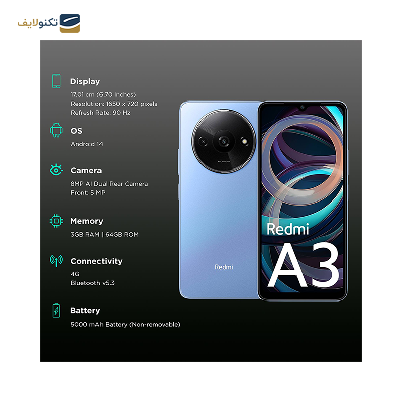 گوشی موبایل شیائومی مدل Redmi A3 ظرفیت 128 گیگابایت رم 4 گیگابایت - اندونزی - Xiaomi Redmi A3 128/4GB - Indonesia