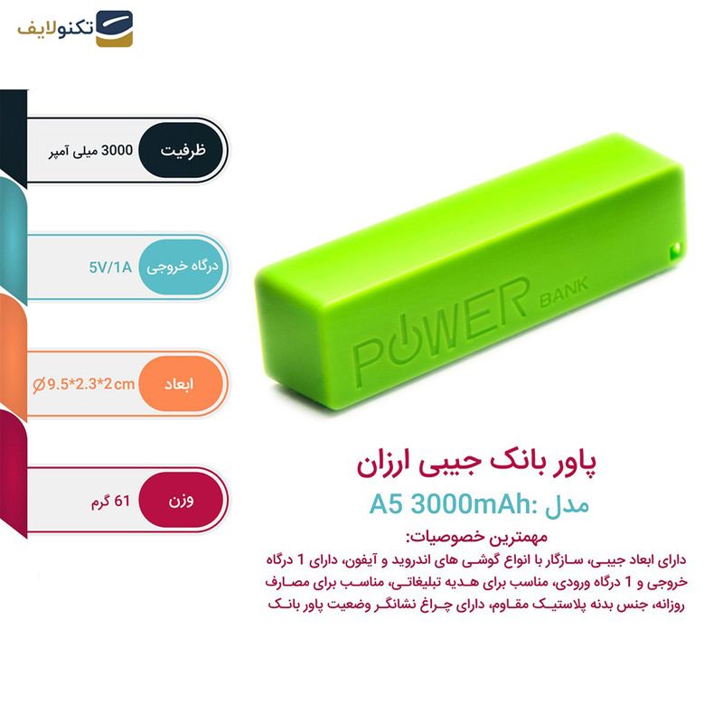 پاوربانک مدل A5 ظرفیت 3000 میلی آمپر ساعت - 