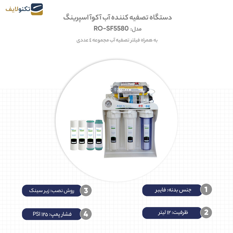 دستگاه تصفیه کننده آب آکوآ اسپرینگ مدل RO-SF5580 به همراه فیلتر تصفیه آب مجموعه 4 عددی - 