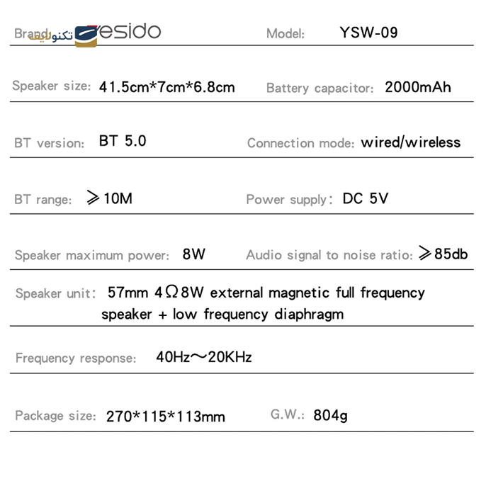 اسپیکر بلوتوثی قابل حمل یسیدو مدل YSW09 - Yesido YSW09 Wireless Speaker