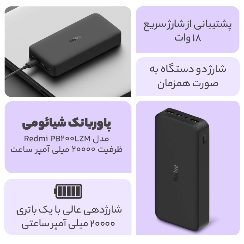 پاوربانک شیائومی مدل Redmi PB200LZM ظرفیت 20000 میلی آمپرساعت به همراه کابل تبدیل microUSB - Xiaomi Redmi PB200LZM 20000mAh Power Bank With MicroUSB Cable