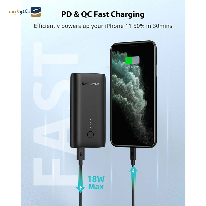 پاوربانک راوپاور مدل RP-PB205 ظرفیت 10000 میلی آمپر - RAVPower RP-PB205 10000mAh PD & QC 2-Port 18W Power Bank