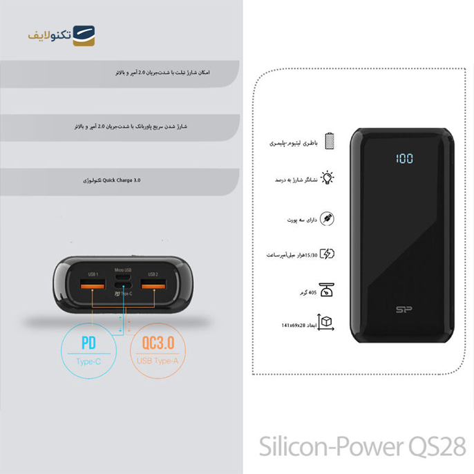  پاوربانک سیلیکون پاور مدل QS28 ظرفیت 20000 میلی آمپر ساعت - SILICON POWER QS28 20000MAH