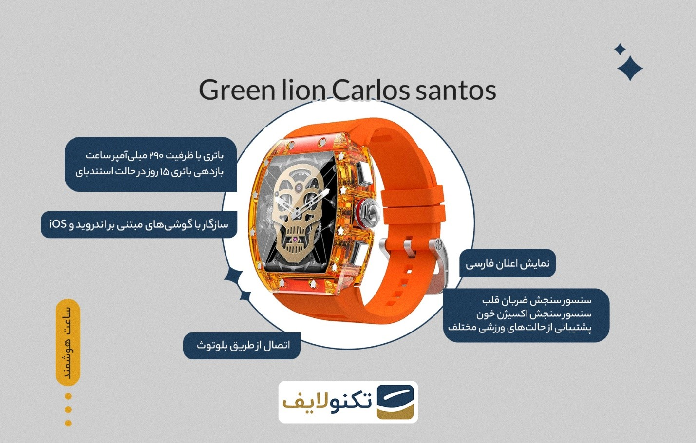 ساعت هوشمند گرین لاین مدل CARLOS SANTOS-GNCRSTSW - Green lion CARLOS SANTOS-GNCRSTSW Smart Watch