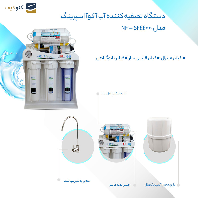 دستگاه تصفیه کننده آب آکوآ اسپرینگ مدل NF - SF4400 به همراه فیلتر تصفیه اب کد 01 مجموعه 3 عددی - 