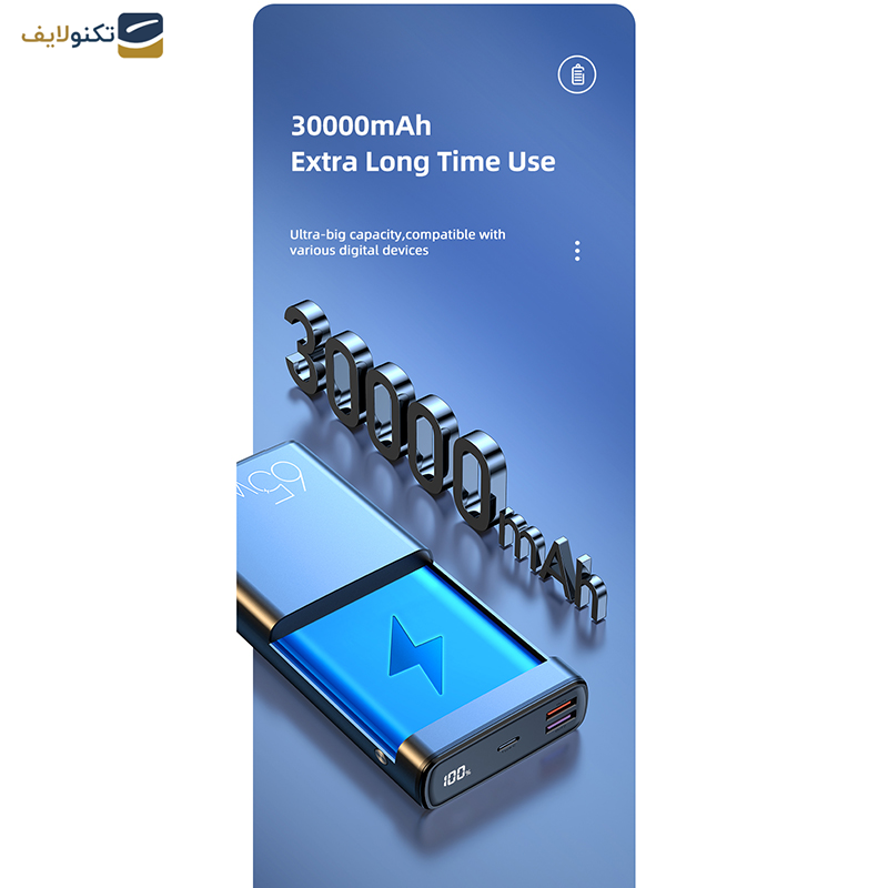 پاوربانک یوسمز مدل US-CD165 ظرفیت 30000 میلی آمپر ساعت به همراه کابل تایپ سی - 